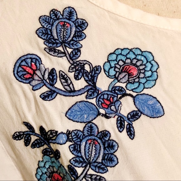 LOFT White Blouse with Blue Floral Embroidery - Picture 2 of 5